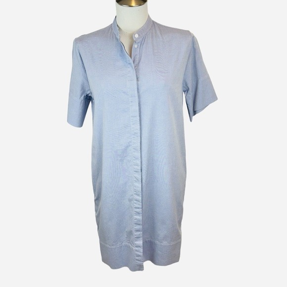 EUC Everlane Sz 2 Collarless Belted Shirt Dress. Shift Pockets. Cotton Blue - Picture 3 of 12